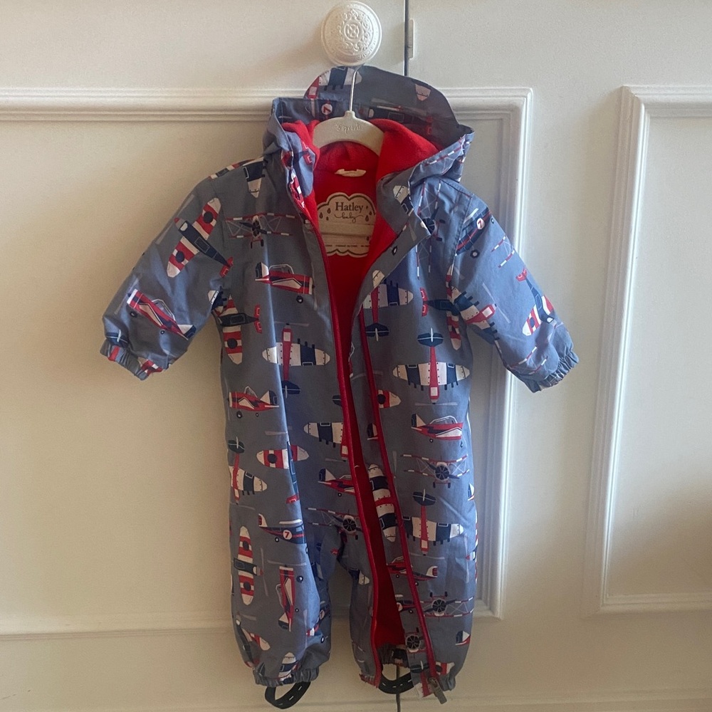 Hatley Blue Raincoat fleece Onesie with Airplane Design